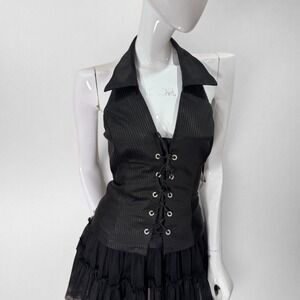 Cache Y2K Black Pinstripe Halter Corset Top Lace Up Front Goth Clubwear Size 6